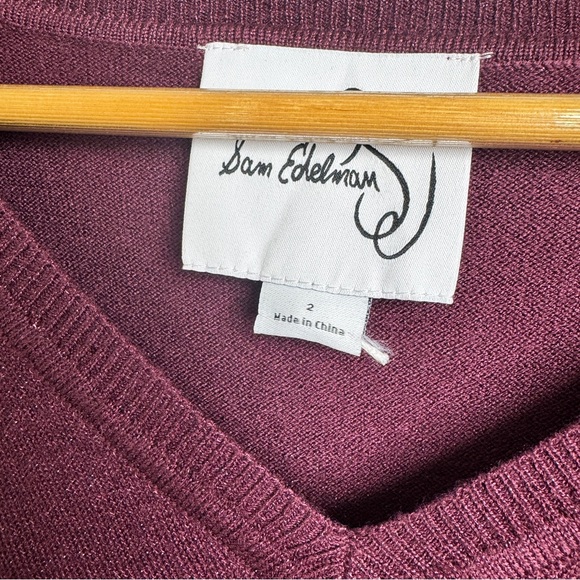 SAM EDELMAN Burgundy Shimmer Women's Sz Small / 2‎ Cropped Vneck Sweater NWOT - Picture 2 of 4